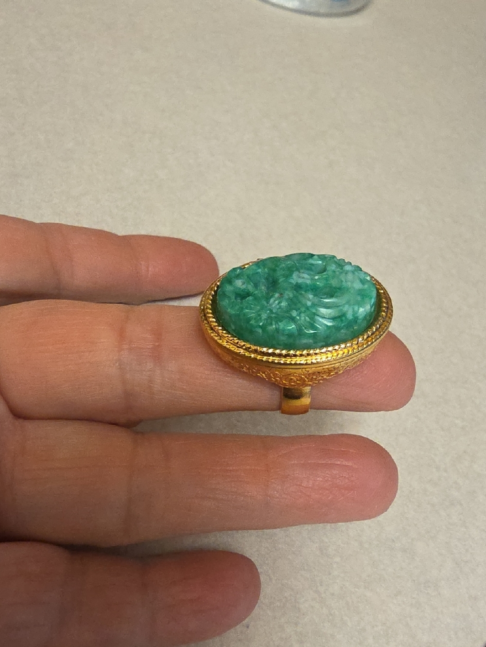 Avon Gold-Tone Ring with Carved Teal-Green Stone